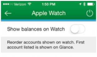 screenshot of show balances on watch